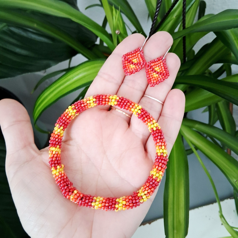 Vibrant Beaded Bangle Rope Bracelet & Earring Set, Jewelry Set